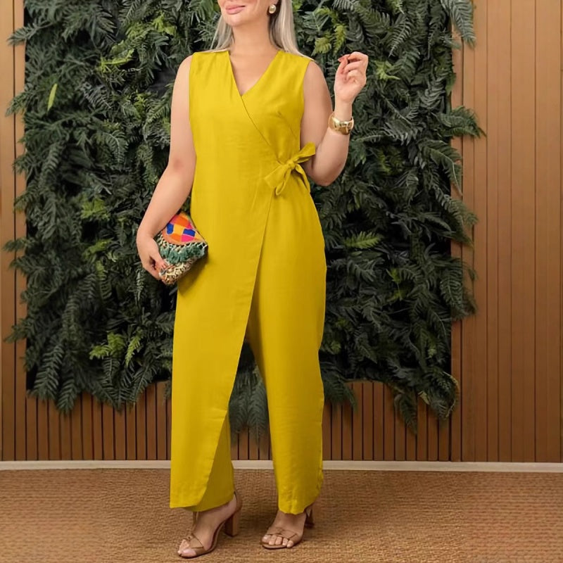 Einfarbiger, lässiger Jumpsuit mit V-Ausschnitt und Bindeband für Damen